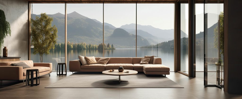 Modernes Wohnzimmer mit Ausblick auf einen Bergsee